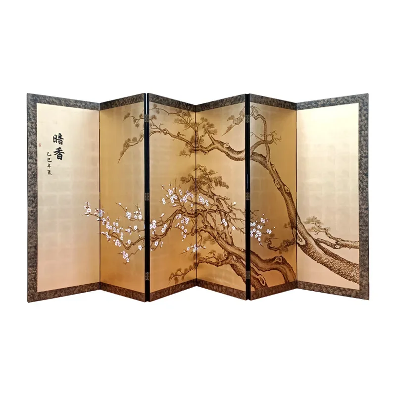 

Hand-painted gold foil screen, pine plum blossom picture, Chinese style, living room meeting room, sofa background wall