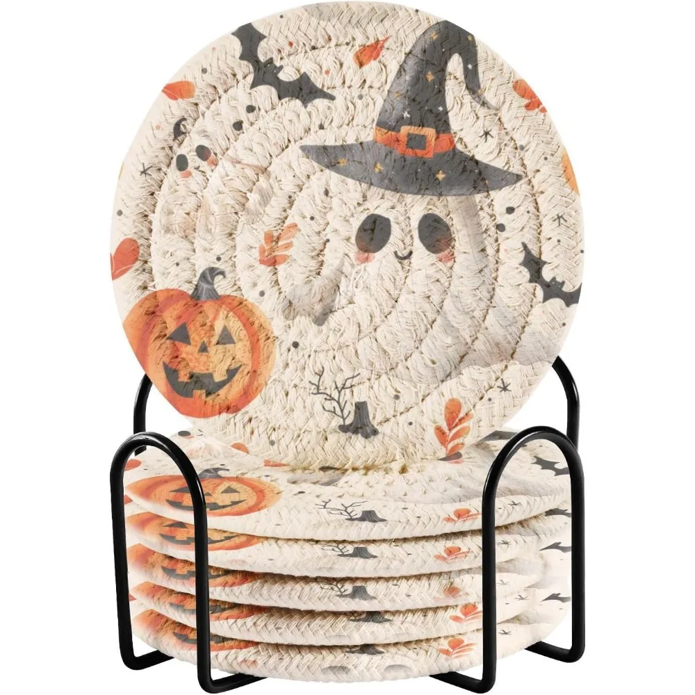 

Cute Halloween Drink Coasters Set - 6 Pcs Minimalist Woven Coasters With Holder For Home Decor, 3.94 Inch Absorbent Coasters For