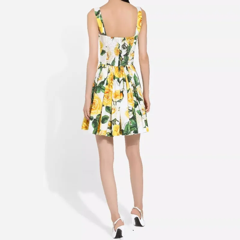 Yellow Rose Floral Printed Women Dress Bodycon Holiday Party Sleeveless Elegance Vestidos Runway Design Vintage Clothing