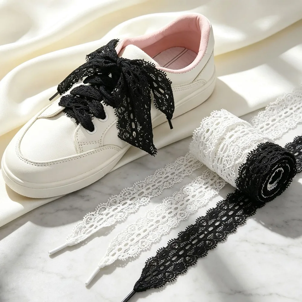 1 Pair 3CM Wide Flat Lace Shoelaces for Women Girls, Flat Shoestrings Replacement for Sneakers Casual Shoes