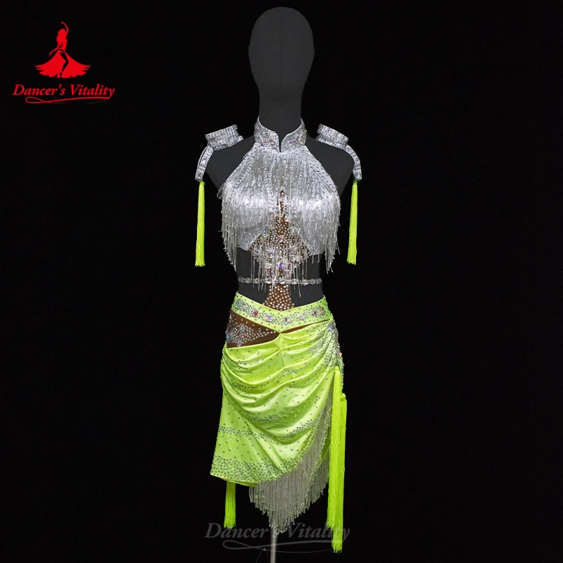 Latin Dance Performance Costume Customsized Adult Children Beads Tassel Top+short Skirt 2pcs for Female Latin Dance Stage Skirt