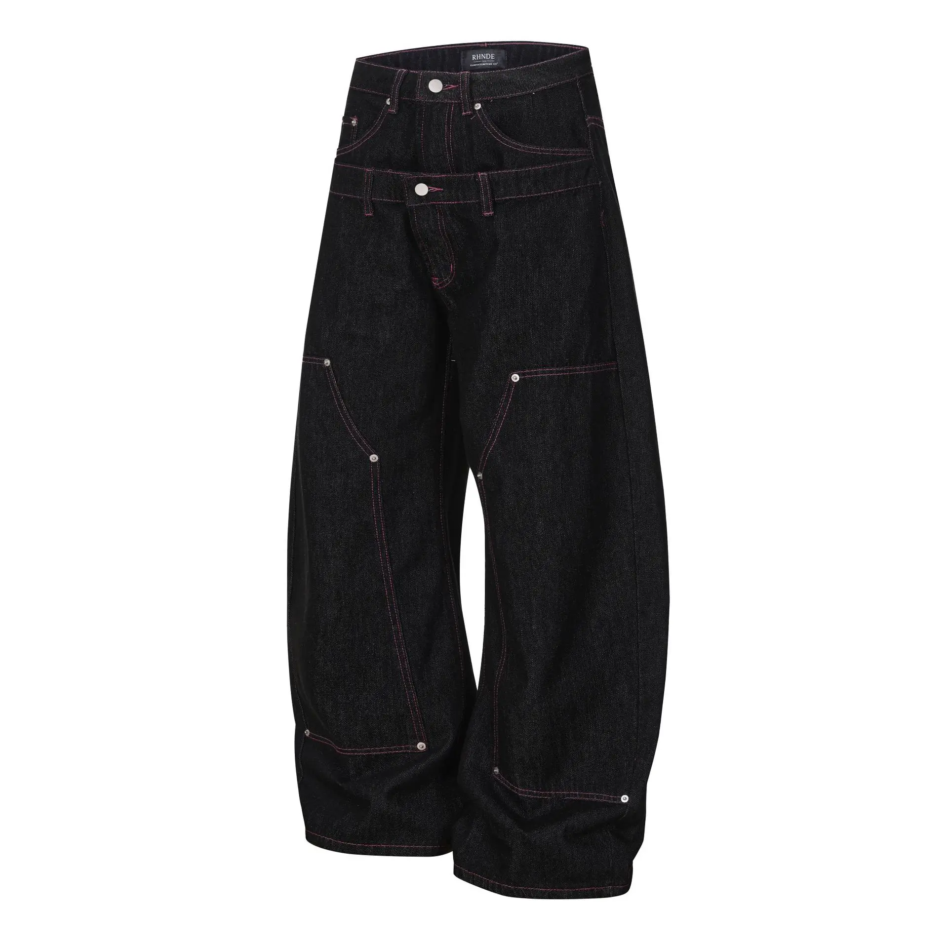 Men's Loose Fit Vibe Style Hip Hop Jeans Pants Fashion High Street Baggy Y2K Denim Trousers Personality Design Double Waist