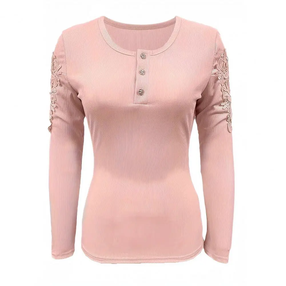 Spring Blouse Elegant Lace Patchwork Women's Pullover Slim Fit Round Neck T-shirt Spring Fall Long Sleeve Top Stretchy Long