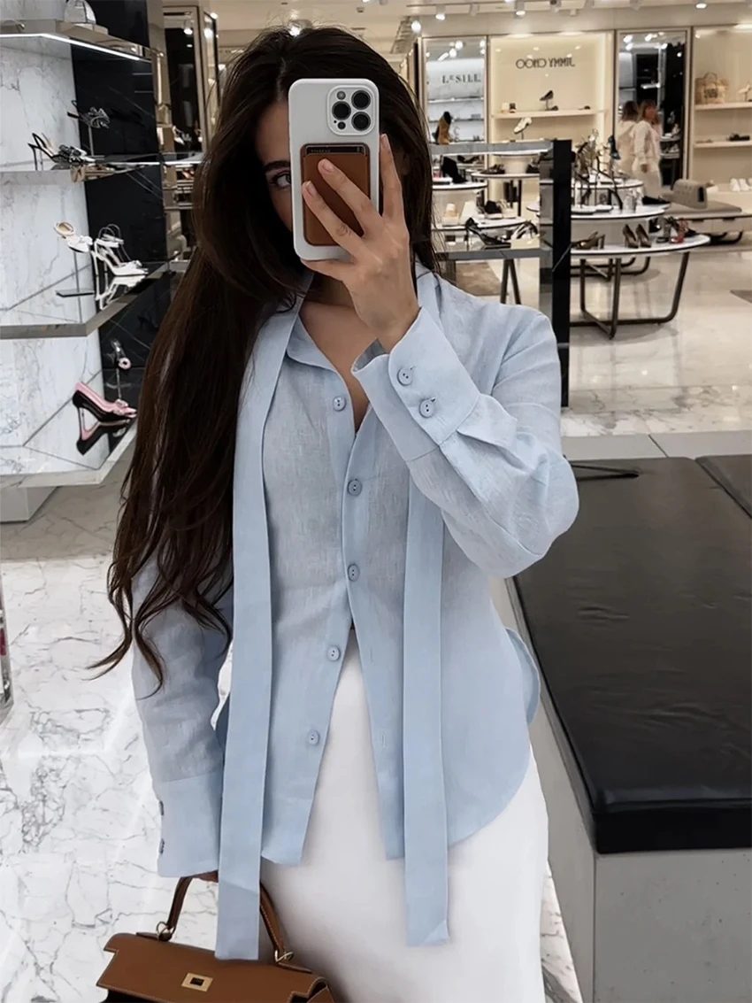 

Parc Fee Fashion Loose Blue Cotton Women Shirt 2026 Casual Lapel Long Sleeve Blouse Elegant Classic Lace-Up Top Female Clothing