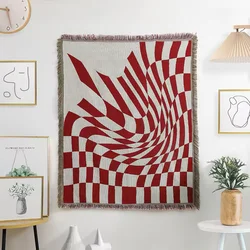 Red White Optical Illusion Throw Blanket Abstract Warped Checkerboard Swirl Jacquard Woven Tapestry Modern Op Art Decor Throw