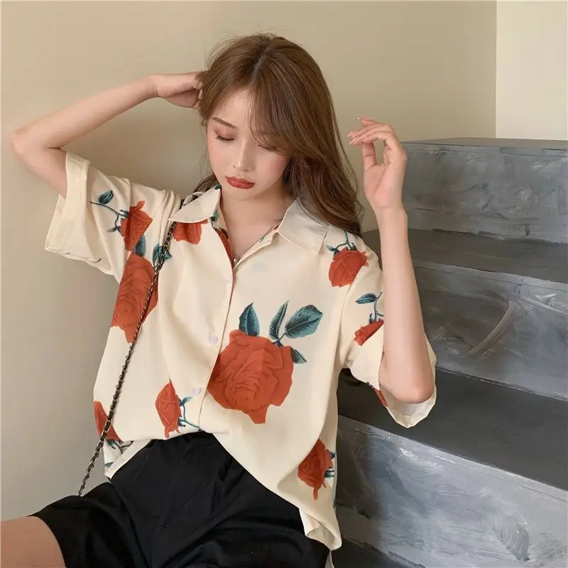 Woman Clothes Hong Kong Retro Fashion Style Rose Pattern Short Sleeved Shirt Retro Collar Loose Printing Trend Top Bright Color