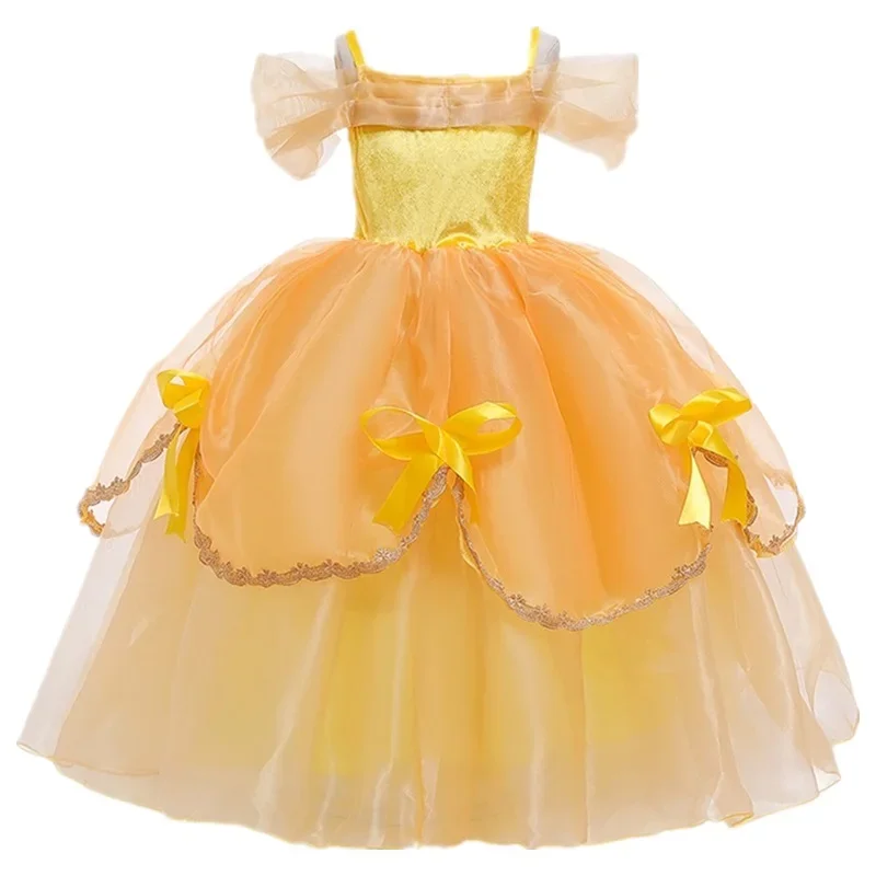 2024 Girls Cosplay Belle Princess Dress Beauty and The Beast Kids Vestidos Party Halloween Magic Wand Crown Children Costume