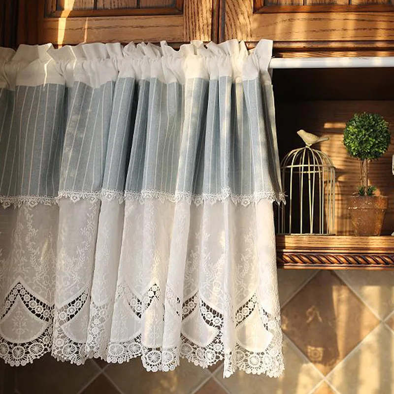 Pure Cotton Mediterranean Embroidered Blue White Striped Half Curtain Covering Skirt Curtain Cabinet Door Dustproof Cloth