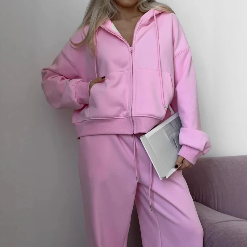 

Casual Women's Hoodies Tracksuit with Hat Zipper Full Sleeve Coat Loose Pants Two Pieces Female 2025 Autumn Sport Matching Sets