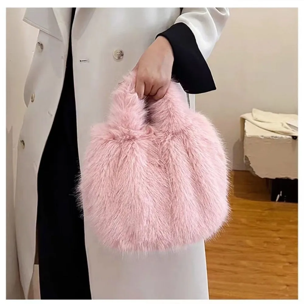 Fashion Lightweight Women's Handbag Large Capacity Soft Bucket Bag Solid Color Fox Fur Simulation Tote Bag Women
