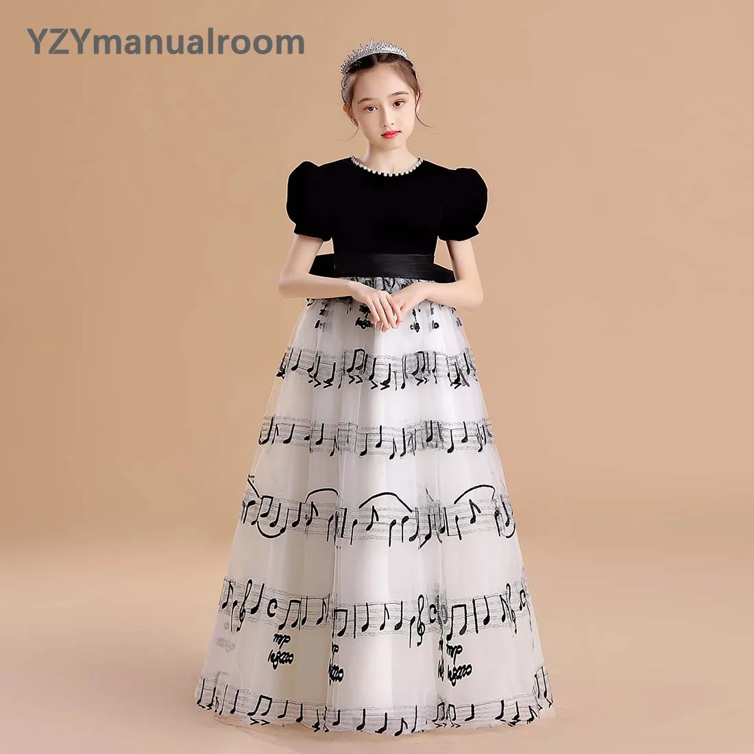 Robe de princesse en Tulle pour filles, col rond, robe de demoiselle d'honneur Junior, robe de noël longue pour fête d'anniversaire et Concert, Note de musique