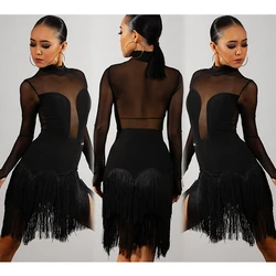 2023 New Latin Dance Dress Women Practice Clothing Leopard Sexy Mesh Tops Skirt Latin Performance Costume Fringe Dress DNV17369