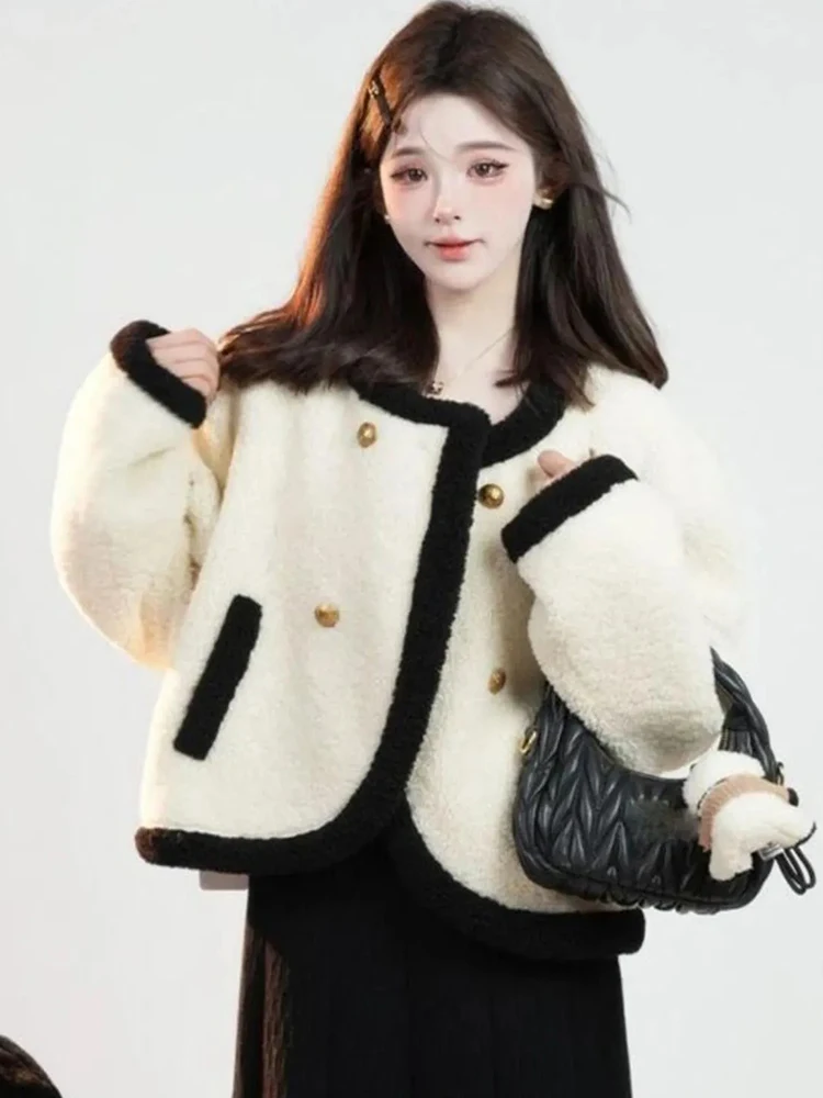 

Retro Women Sweet Faux Lamb Coat Casual Winter Cute O Neck Long Sleeve Short Jacket French Vintage Elegant Female Patchwork Tops