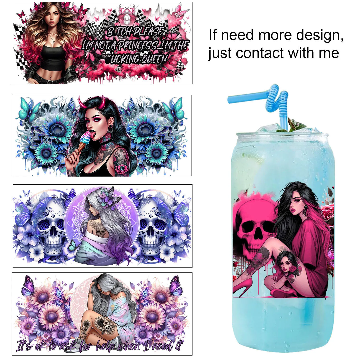 

Halloween Tattoo Girls easy peel waterproof Party DIY Decals 3D transfers uvdtf tumbler seal stickers 16oz uv dtf cup wraps