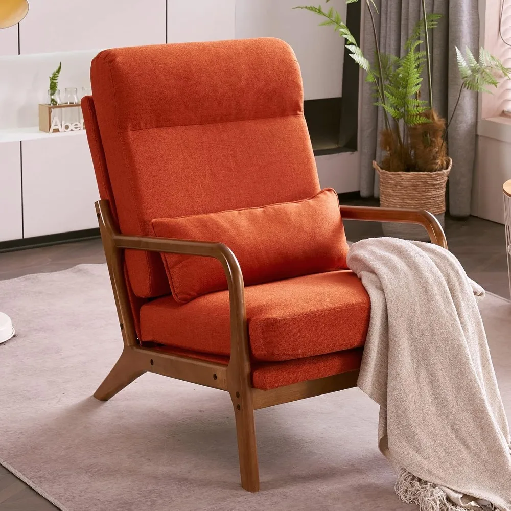 

High Back Linen Burnt Orange Mid Century Modern Accent Chair, Soild Wood Padding Lounge Armchairs Side Sitting Chairs for Livin