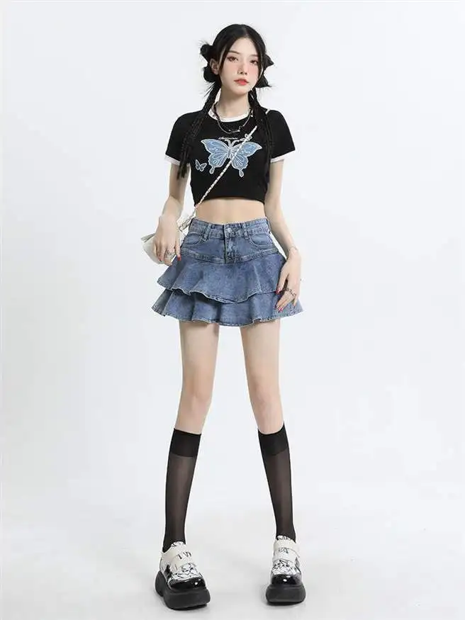 

Юбка-трапеция с высокой талией и кружевной отделкой, эффект похудения, новинка лета, женская джинсовая юбка, облегающая юбка длиной