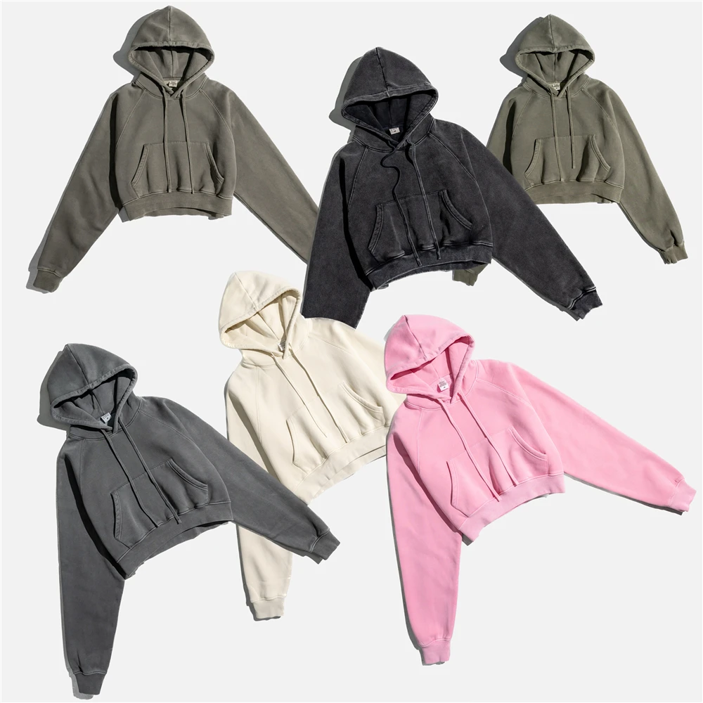 Autumn Women Super-Short Cropped Fleece Hoodie Sexy Oversize Raglan Pullover Vintage 355gsm Streetwear Six Colors