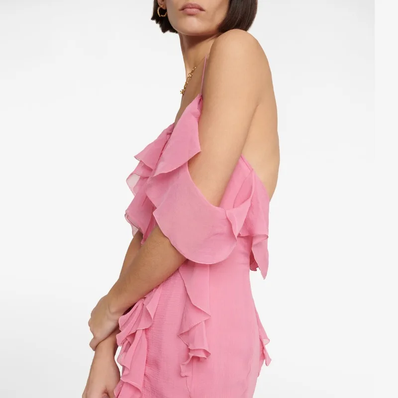 Abito lungo Boho da donna elegante con volant allentato per le vacanze Abito estivo sexy con scollo a V e scollo all'americana senza schienale Abito a strati in chiffon per feste