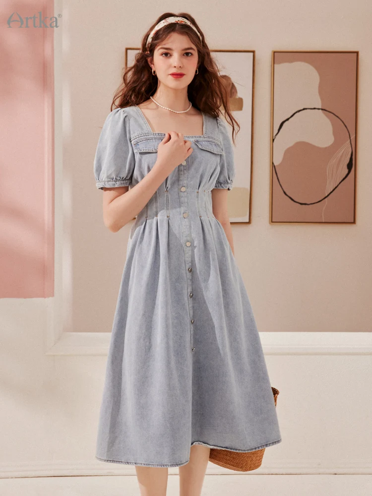 ARTKA 2022 Summer New Women Dress French Vintage Square Collar Denim Dresses High Waist Short Puff Sleeve Midi Dress LN29022X