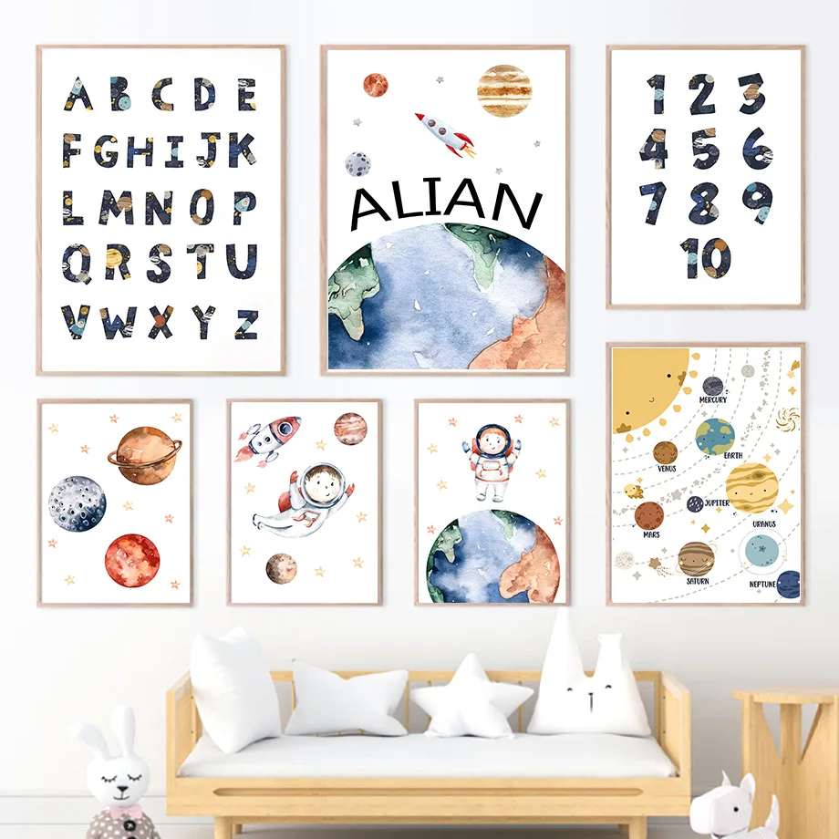 Space Custom Name Rocket Astronaut Number Alphabet Wall Art Canvas Painting Posters And Prints Wall Pictures Kids Boy Room Decor