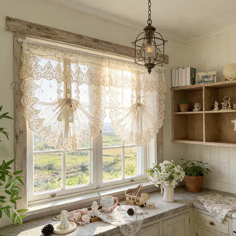 Europäische Einfache Blume Stickerei Spitze Einstellbare Römischen Vorhang Weiß Transparent Kleine Sheer Vorhang Für Wohnzimmer Schlafzimmer