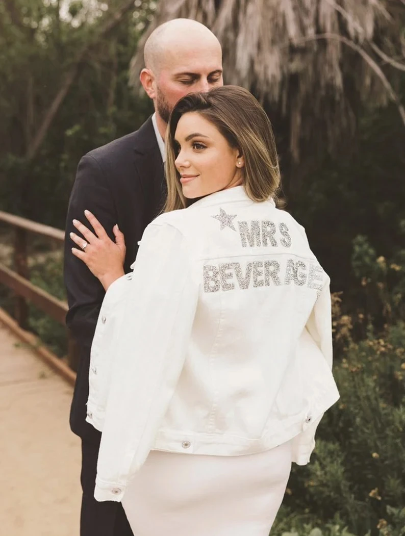 Personalized White Wedding Jacket Bride Denim Jacket Bride Jean Jacket Personalized Jacket Mrs Jacket Bridal Shower Gift Ideas