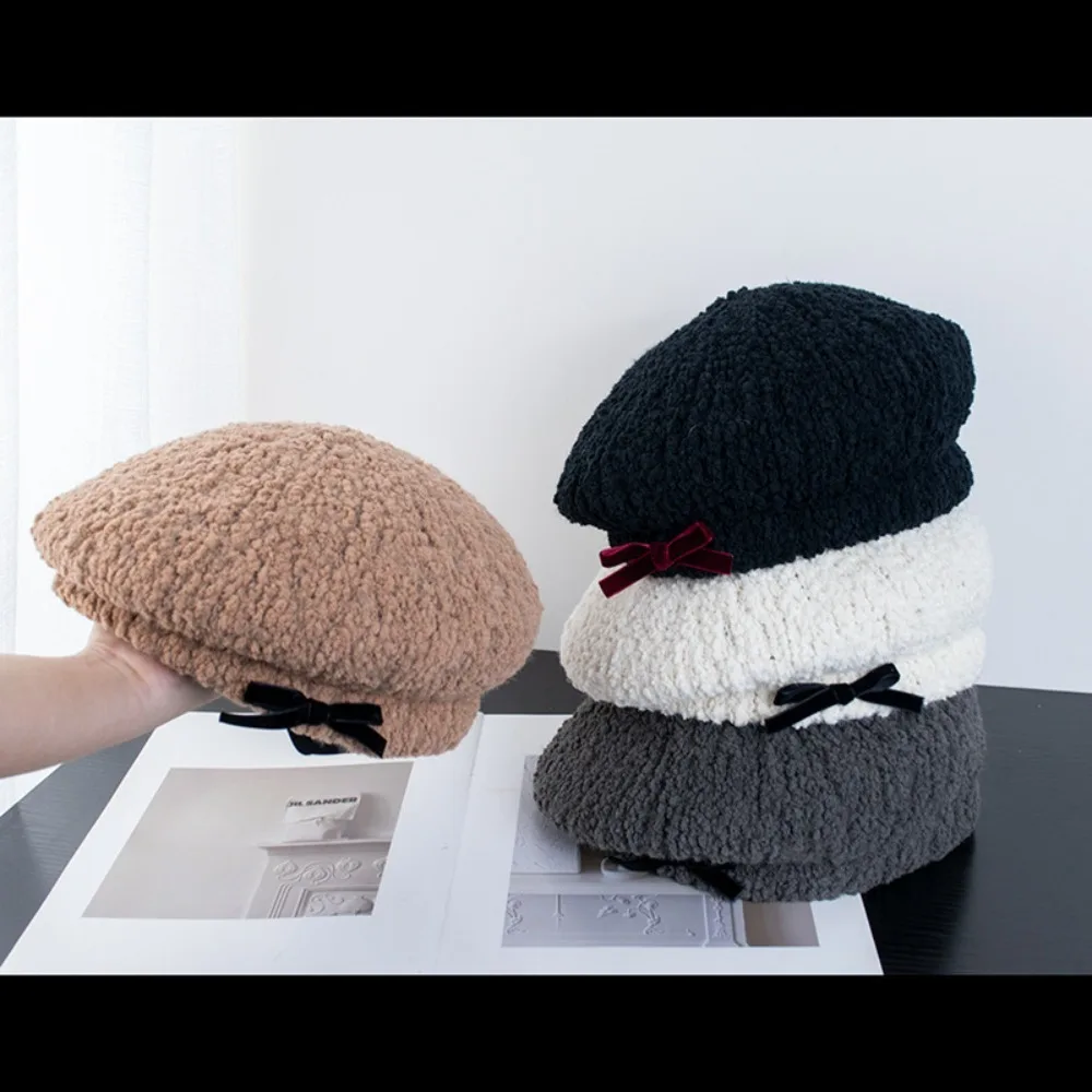 New Plush Painter Hat Cold Resistant Elegant Warm Hat Versatile Bowknot Lamb Wool Beret Outdoor