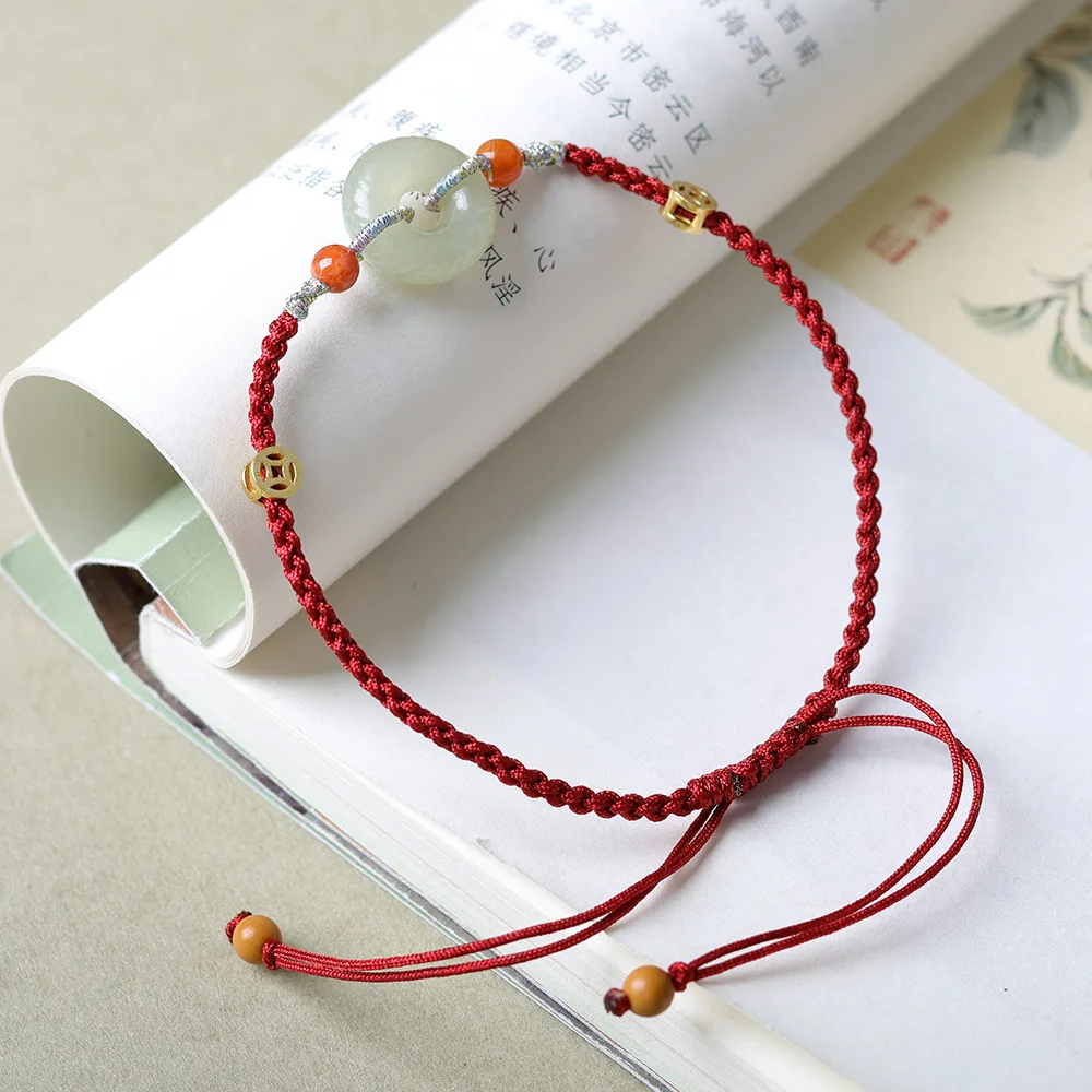 

Hand-Woven Hetian Jade Peace Buckle New Year's Red Hand Rope Literally Chinese Bracelet for the Lunar New Year