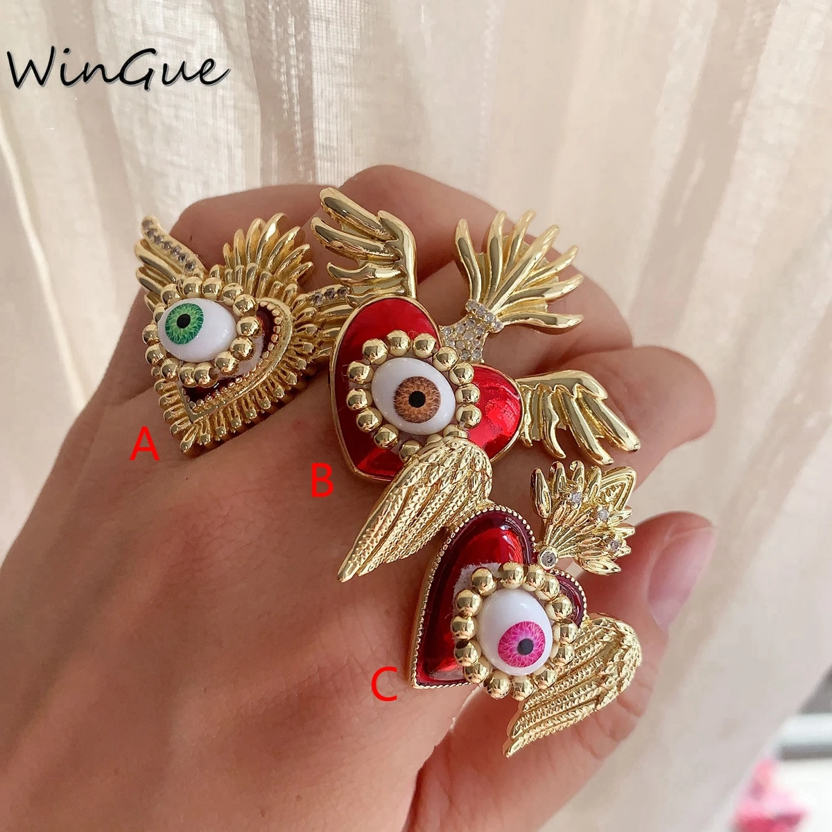 Nuevos anillos religiosos, alas de corazón rojo sagrado, anillos de ojo de la suerte, joyería para mujer, Circonia cúbica, regalo de fiesta de cobre
