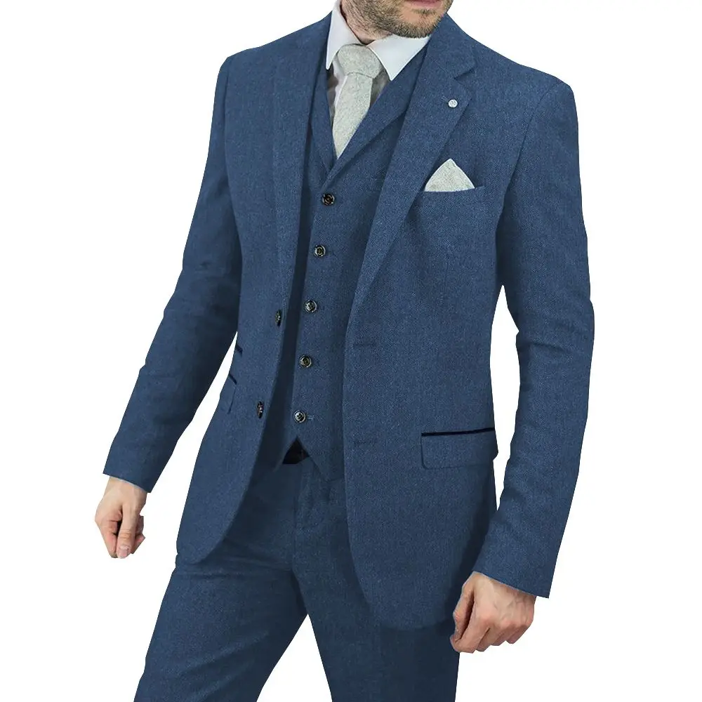 

Blue Men's Suit 3 Piece Single Breasted Notch Lapel Collar Jacket Business Casual Slim-Fit Coat Party Ball Men Wedding Dress