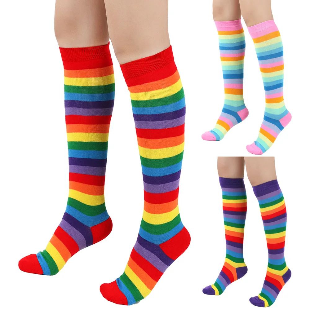 Halloween Colorful Knee-High Stockings for Women Leisure Rainbow Stripes Socks Party Teenagers Students Anime Cosplay Stockings
