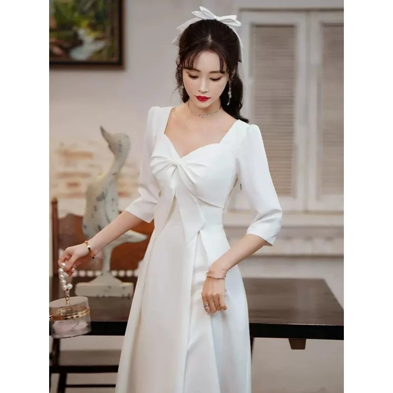 Evening Dresses Party Gown Ball Dinner Dress White Long Sleeve Flower Bowket Cocktail H263