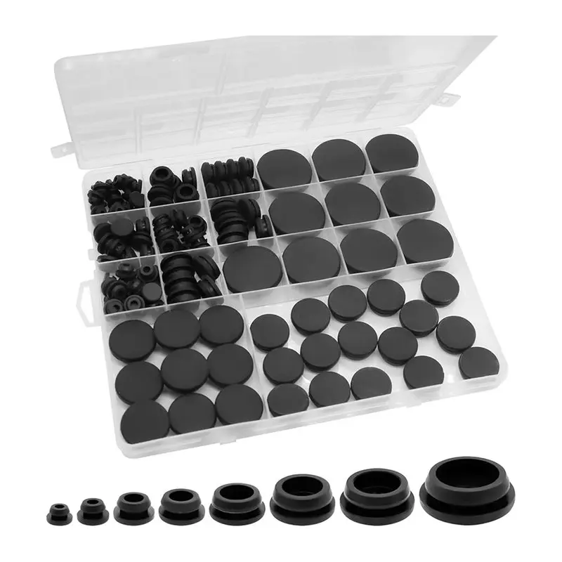 AA51 Rubber Plugs For Round Holes, 125Pcs Black Rubber Plug Box, Variety Of Size Silicone Tools
