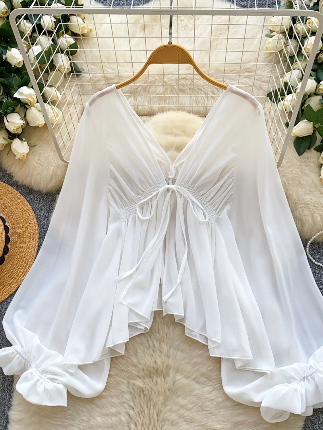 Vento suave sle v-ne lanterna sve fenda chiffon irt feminino solto ajuste fino outono faionable topo botão longo sve