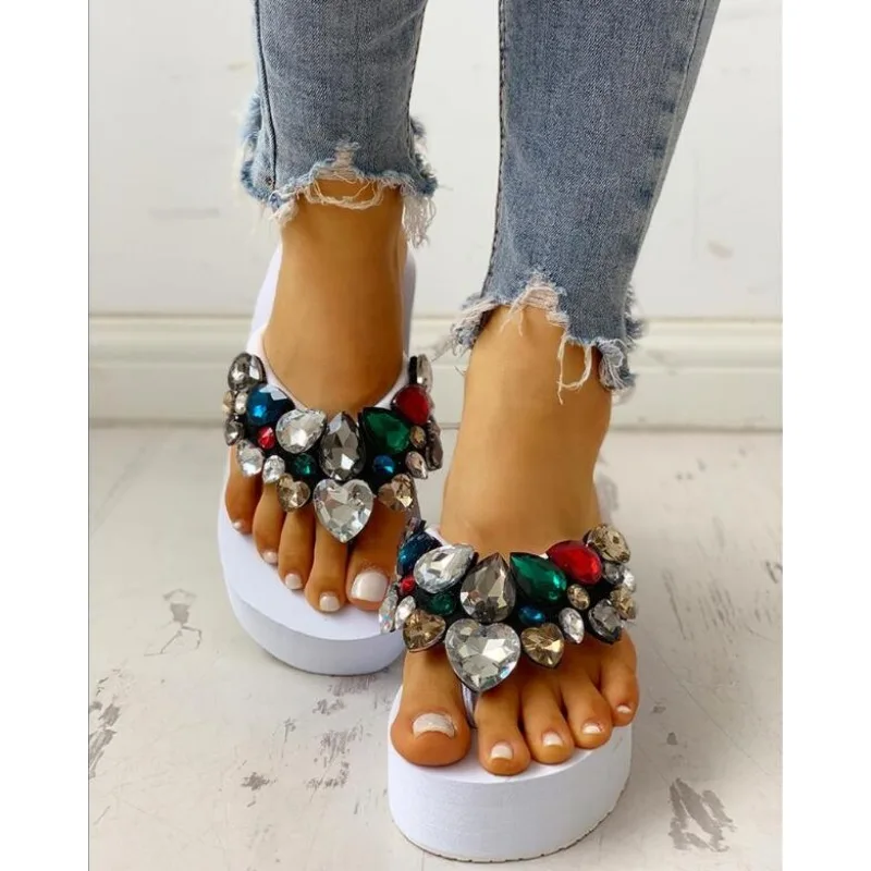 New Summer Platform Shoes Wedge Sandals Flip Flops Candy Colored Gem Sandals Casual Shoes High Heel Sandals