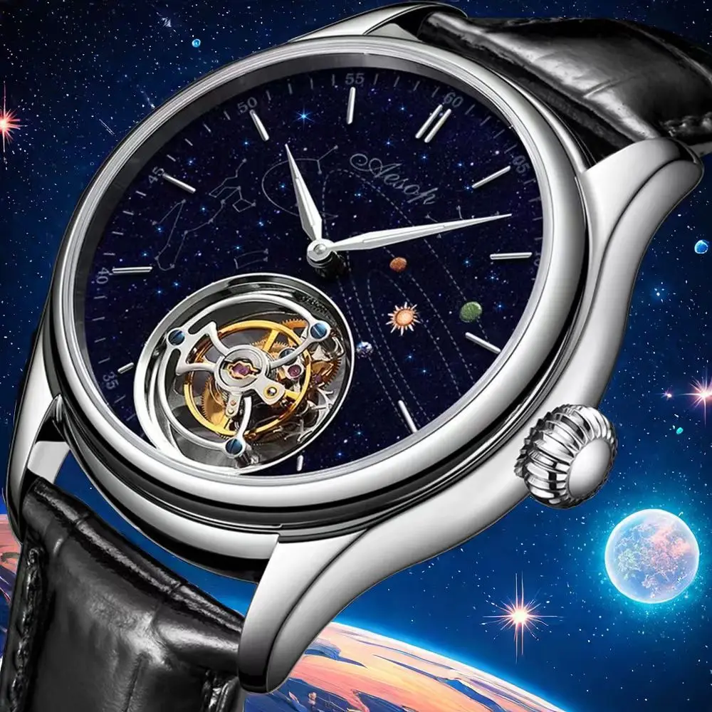 AESOP Flying Tourbillon Movement Mechanical Watch For Man Luxury Fashion Skeleton Waterproof Wristwatches Sapphire Mirror 2023 A