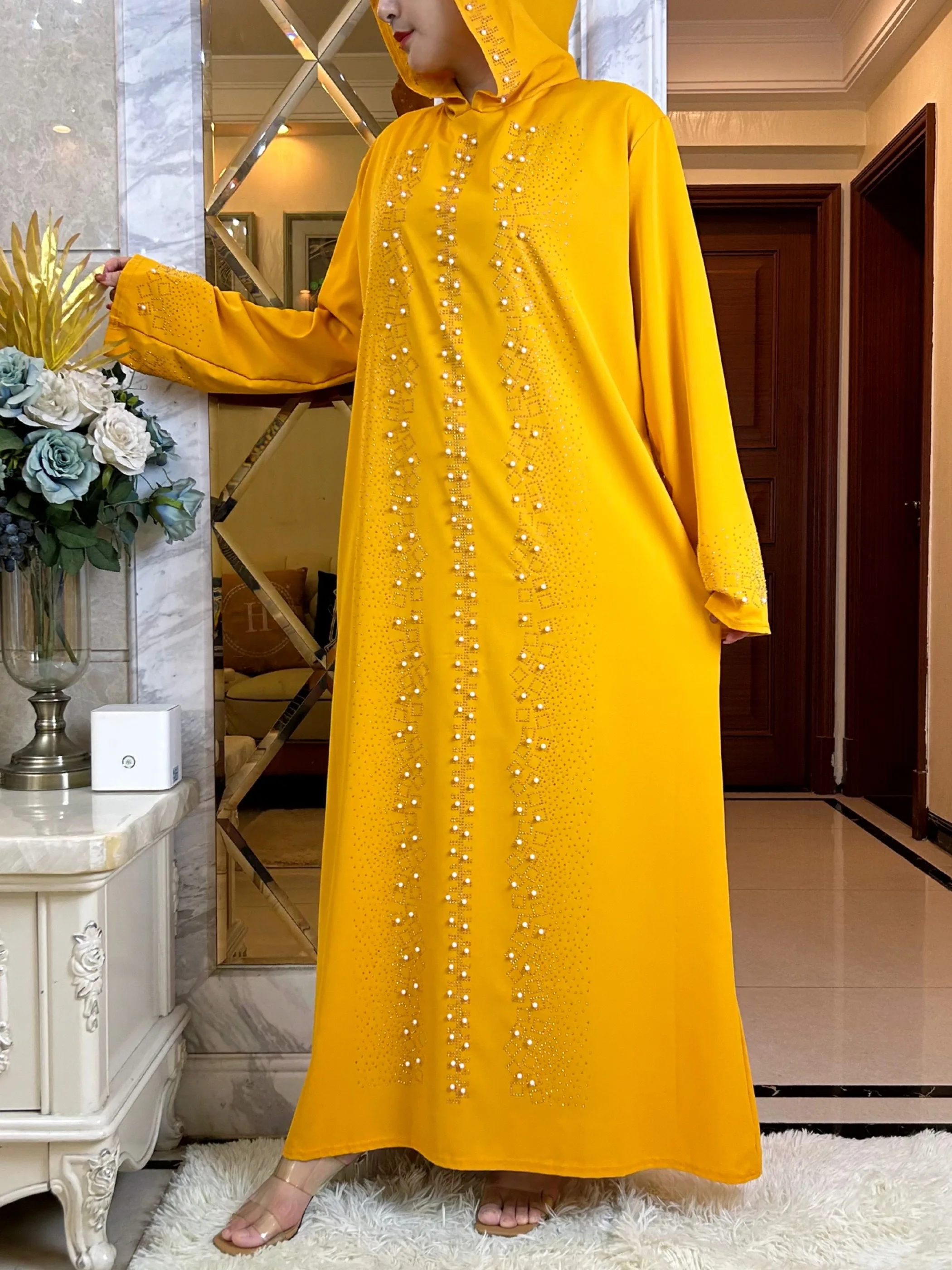 2023Abaya Muslim Maxi Long Sleeve Dress With Cap Women Diamond Arab Dubai Islamic Clothing Autumn New Loose Casual Turkey Robe