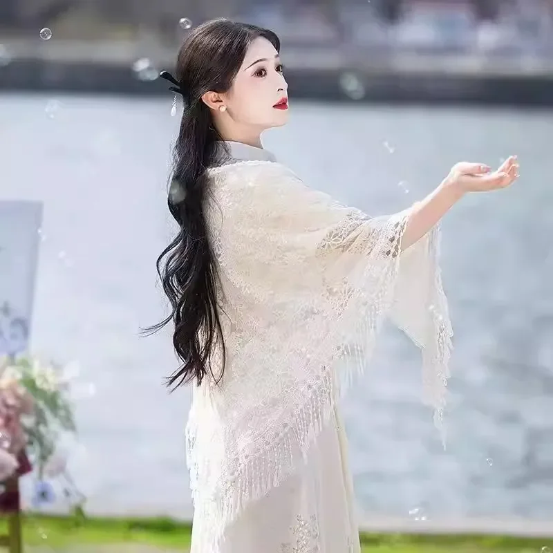 

white shawl with cheongsam with tassel ancient fairy energy new Chinese cape cape