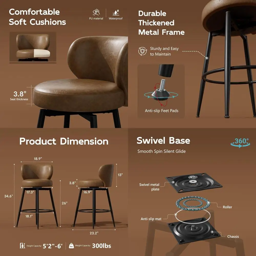 

Набор из 4 кожаных барных стульев с поворотным механизмом, высота до столешницы, с обивкой, спинкой и металлическими ножками, коричневый, для кухонного острова или столовой
