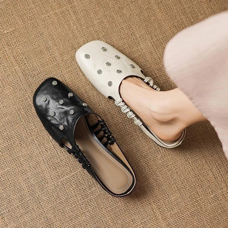 

Studded Rhinestone Mules Shoes for Women Cutout Ruched Slip On Flats Woman Square Toe Faux Leather Slipper Lady Office Shoes