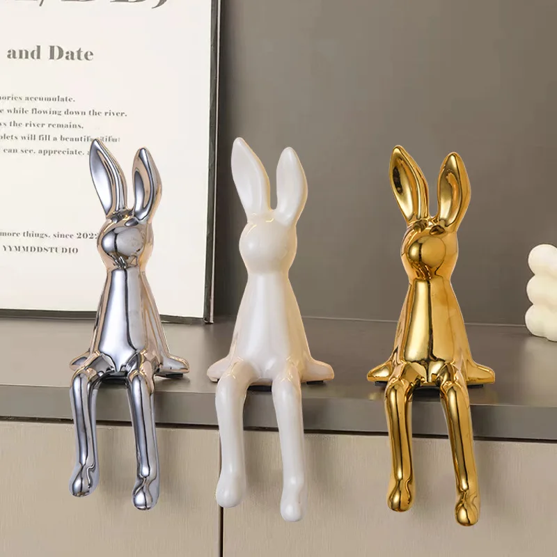 1PCS Ceramic Long-Eared Sitting Rabbit Room Ornaments Statue Luxury Home Decoration Accessories High-End Home Art Aesthetics