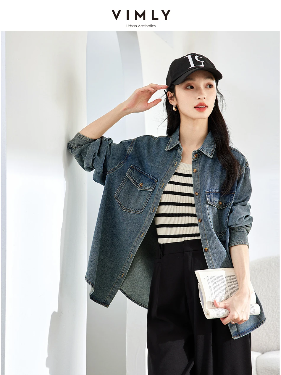 VIMLY Women's Vintage Streetswear Denim Jacket Autumn Solid Commuter Lapel Jean Jackets Casual Simple Loose Tops Lady Outerwear