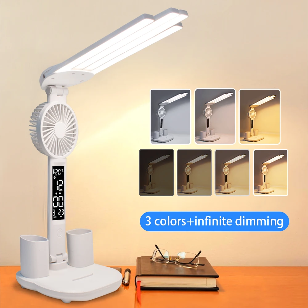 Four-Head Folding Eye Protection Reading and Learning Desk Lamp Adjustable Clock Fan Lamp Dormitory Touch Bedside Night Light