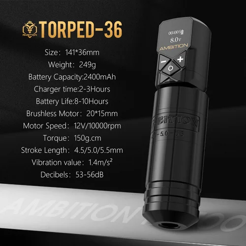 Imagen 2 del producto Ambition Torped 36 tiempos 4,5-5,0-5,5mm Motor sin escobillas pluma de tatuaje rotativa potente máquina RCA inalámbrica Kuark 2400mAh batería