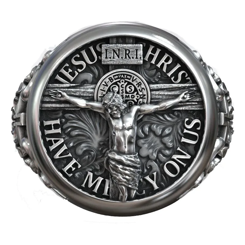 

15g Jesus Christ Catholic Cross Crucifixion Signet Rings Customized 925 Solid Sterling Silver Many Sizes 6-13