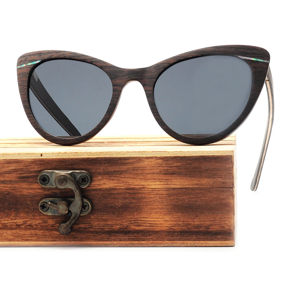 Vintage Wood Sunglasses for Men and Women, Abalone Shell, Polarized Cat Eye, Luxury Designer Black Sun Glasses High Quality