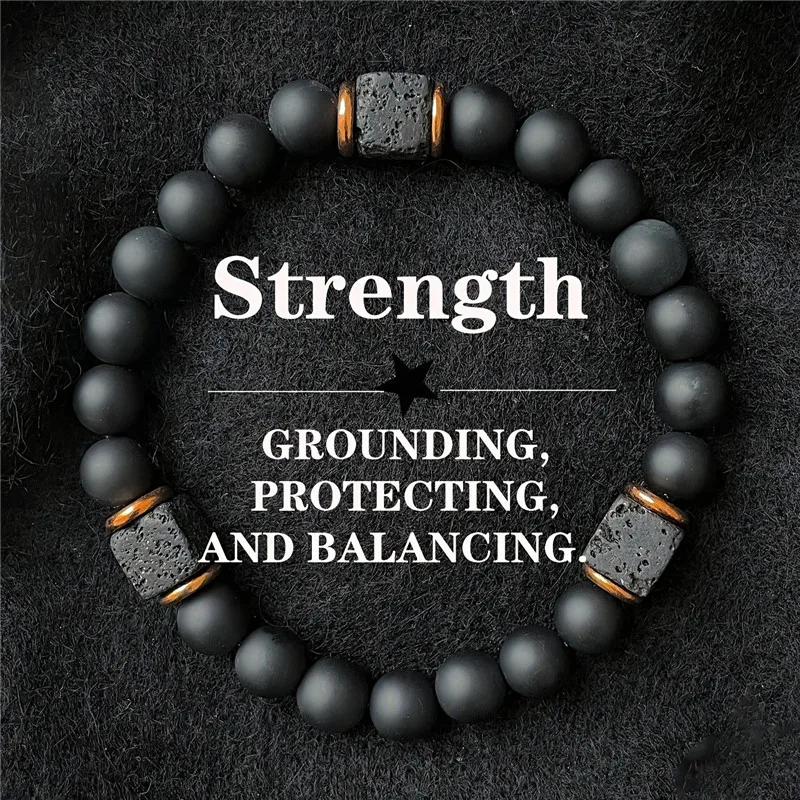 Pulseira masculina de pedra de lava natural, pulseira de joias de ágata preta, pulseira de equilíbrio emocional e energético, 1 unidade