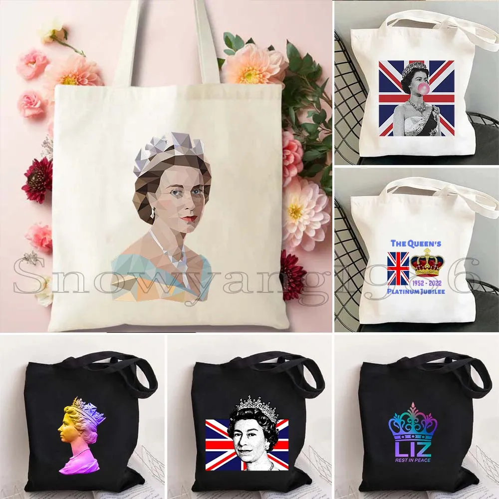 

Queen Elizabeth II Portrait Gifts England Flag British Canvas Shoulder Reusable Tote Bag Harajuku Women Shopper Fashion Handbags