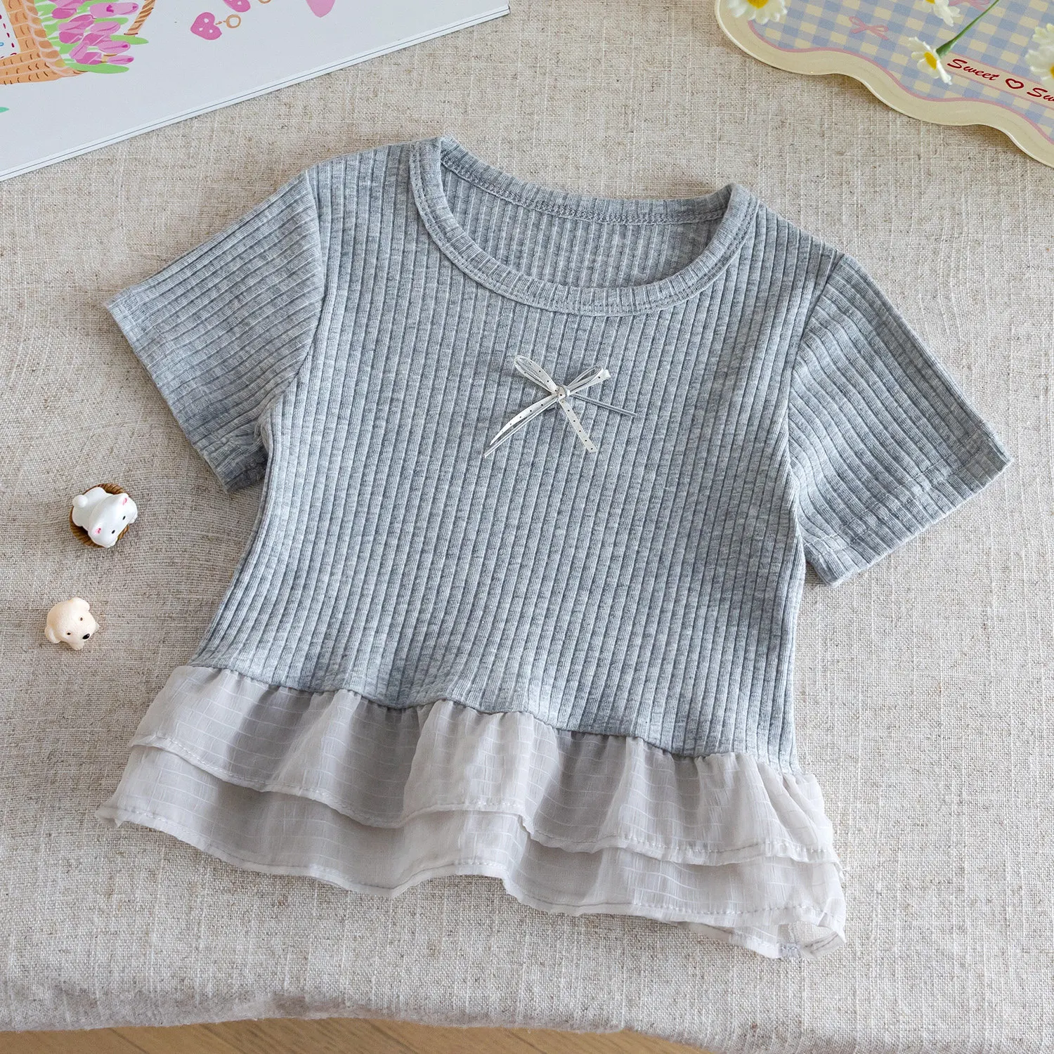 Girls Short Sleeve T-Shirt Summer 2026 New Style Baby Girl Round Neck Top Fashionable Versatile Childrens Lace Base Shirt