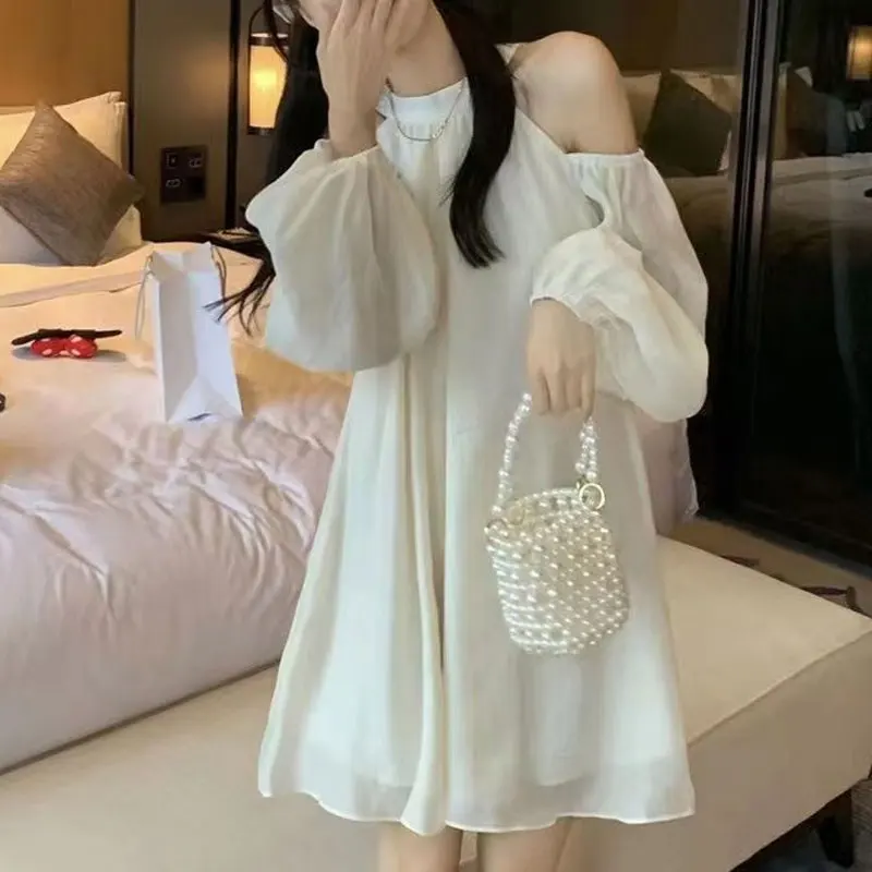 Spring Autumn Halter Mini Dress French Style Lantern Sleeve Women's Clothing Fashionable Off Shoulder Basic Solid Color Dresses